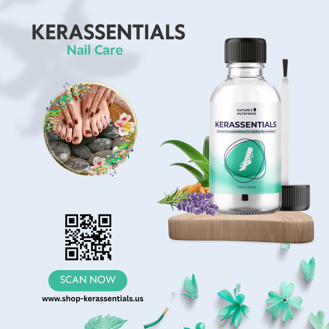Kerassentials nail care bottle presented with a spa-style hand and foot care setting