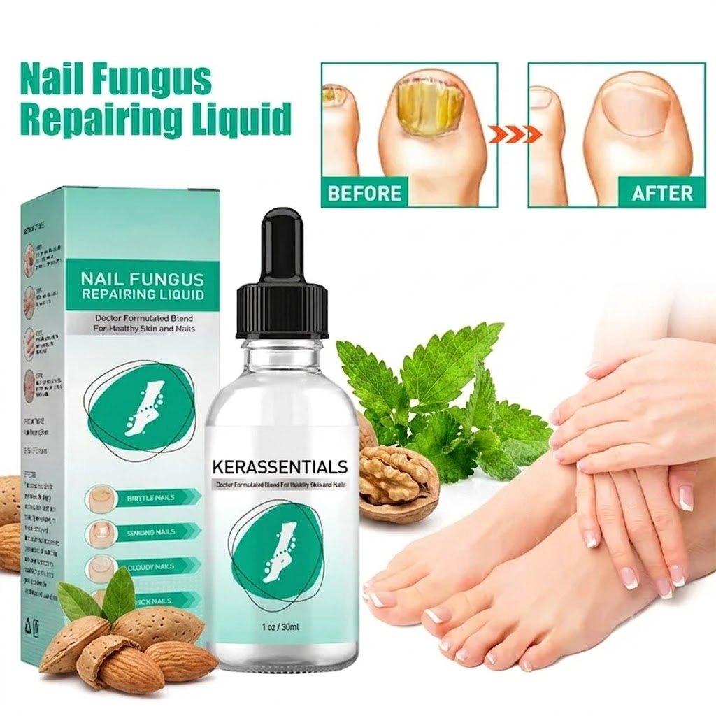 Kerassentials nail wellness oil shown with botanicals and well-groomed hands and feet