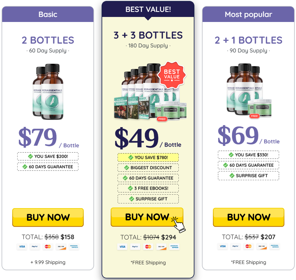 Kerassentials pricing packages: 2 bottles, 3+3 bottles best value and 2+1 bottles most popular
